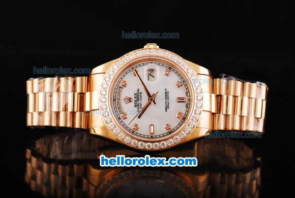 Rolex Day Date II Automatic Movement Full Rose Gold with Diamond Bezel-Diamond Markers and White MOP Dial - Click Image to Close